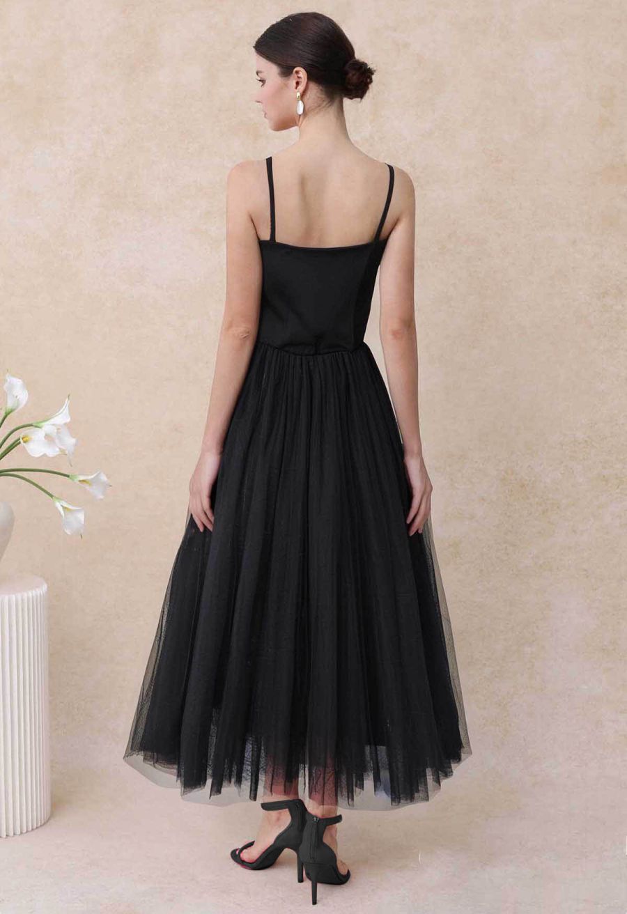 Double-Layered Mesh Tulle Spliced Cami Dress in Black