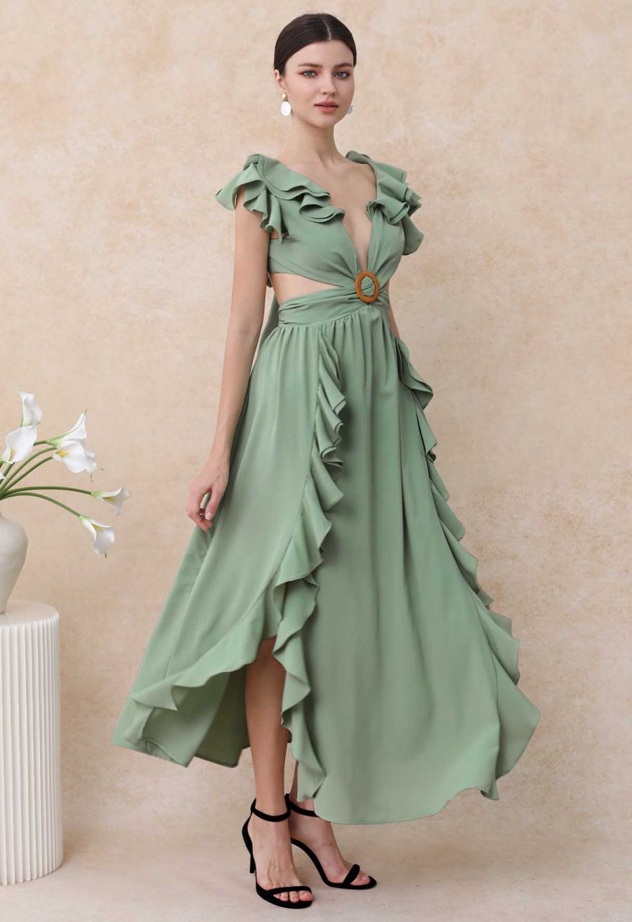Cascade Ruffle O-Ring Tie-Back Maxi Dress in Pea Green