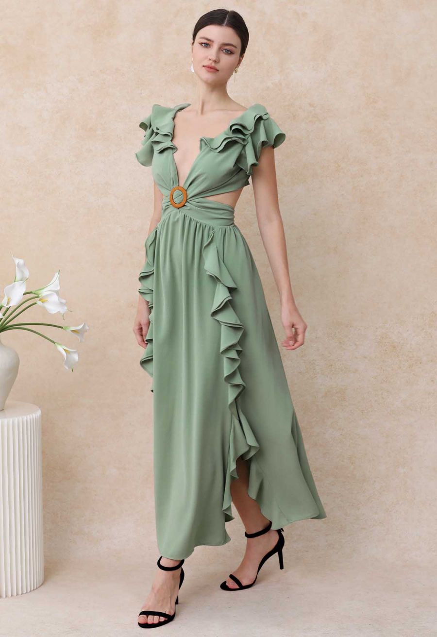 Cascade Ruffle O-Ring Tie-Back Maxi Dress in Pea Green