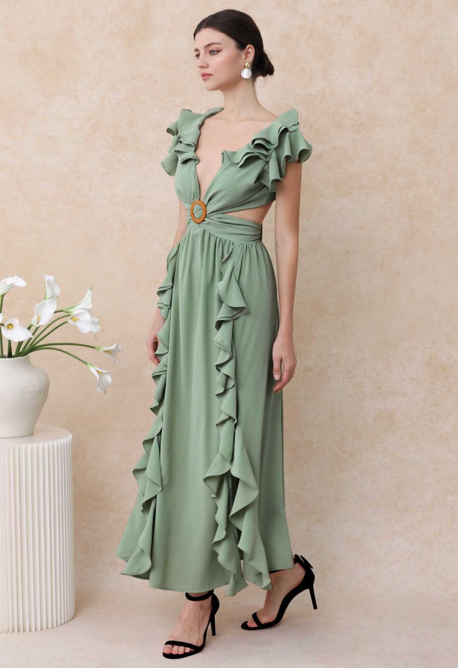 Cascade Ruffle O-Ring Tie-Back Maxi Dress in Pea Green