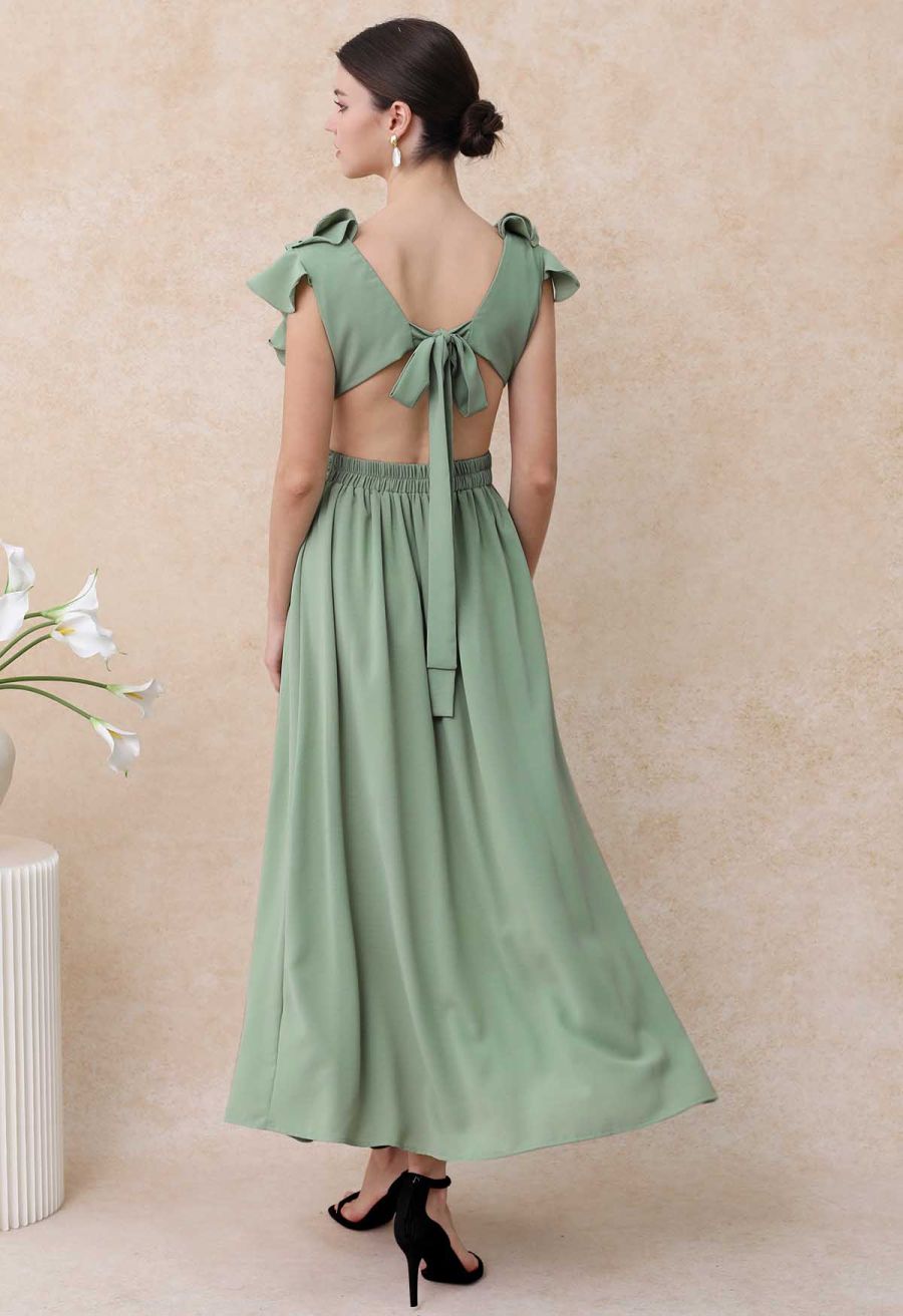 Cascade Ruffle O-Ring Tie-Back Maxi Dress in Pea Green