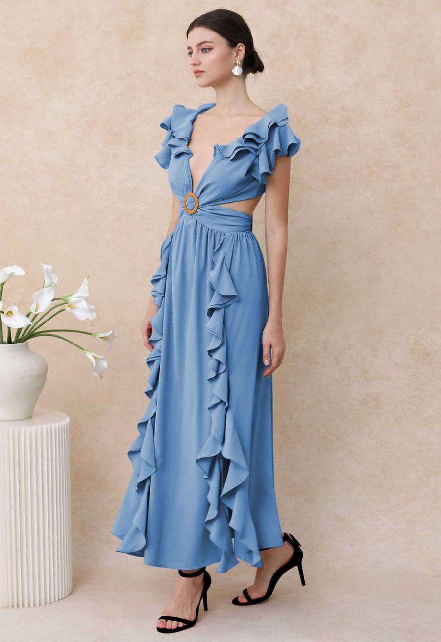 Cascade Ruffle O-Ring Tie-Back Maxi Dress in Blue