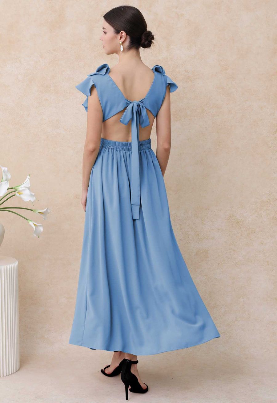 Cascade Ruffle O-Ring Tie-Back Maxi Dress in Blue