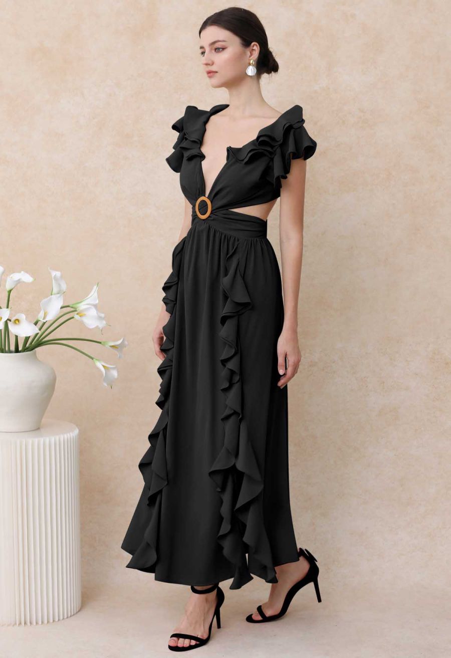 Cascade Ruffle O-Ring Tie-Back Maxi Dress in Black