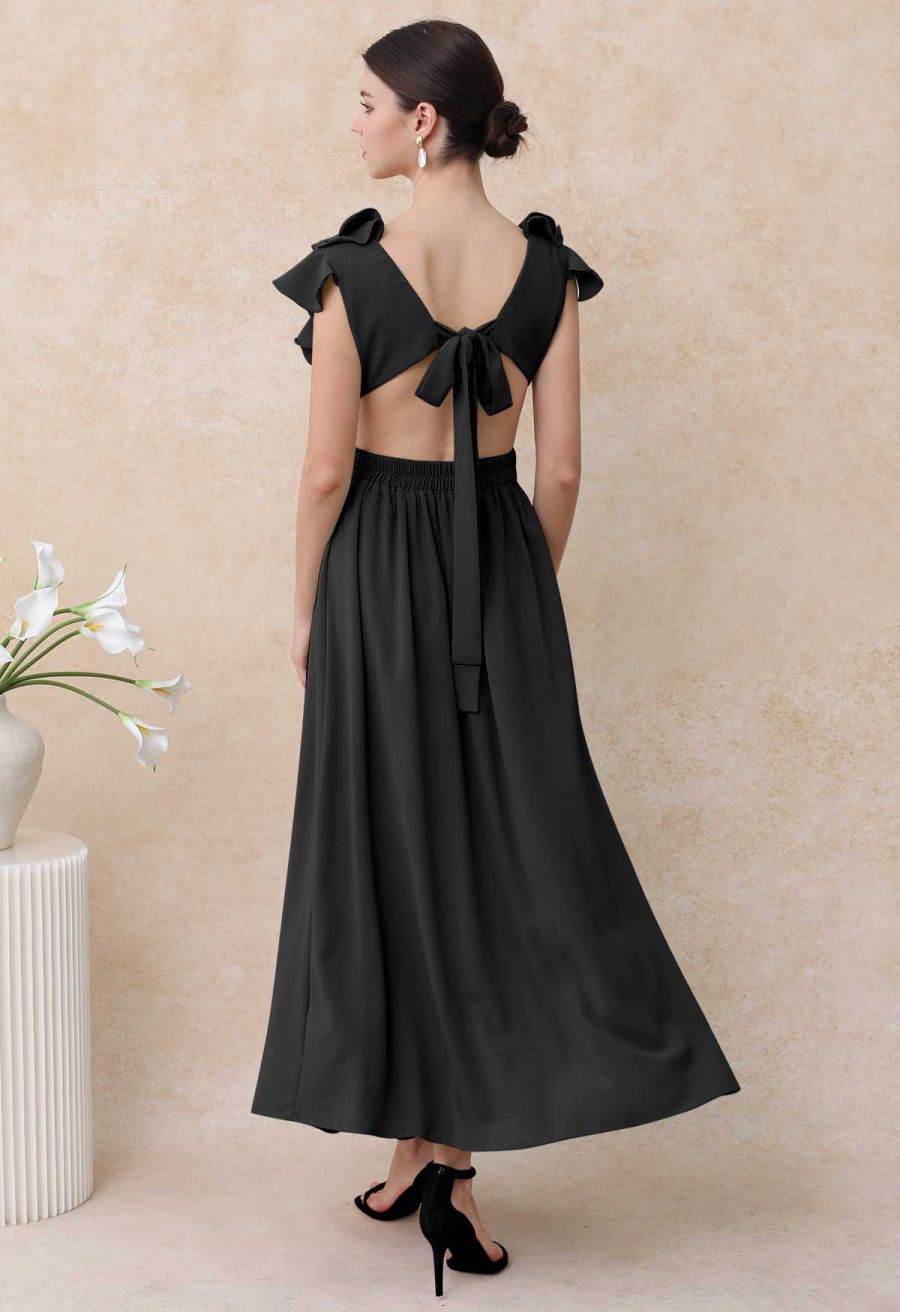 Cascade Ruffle O-Ring Tie-Back Maxi Dress in Black