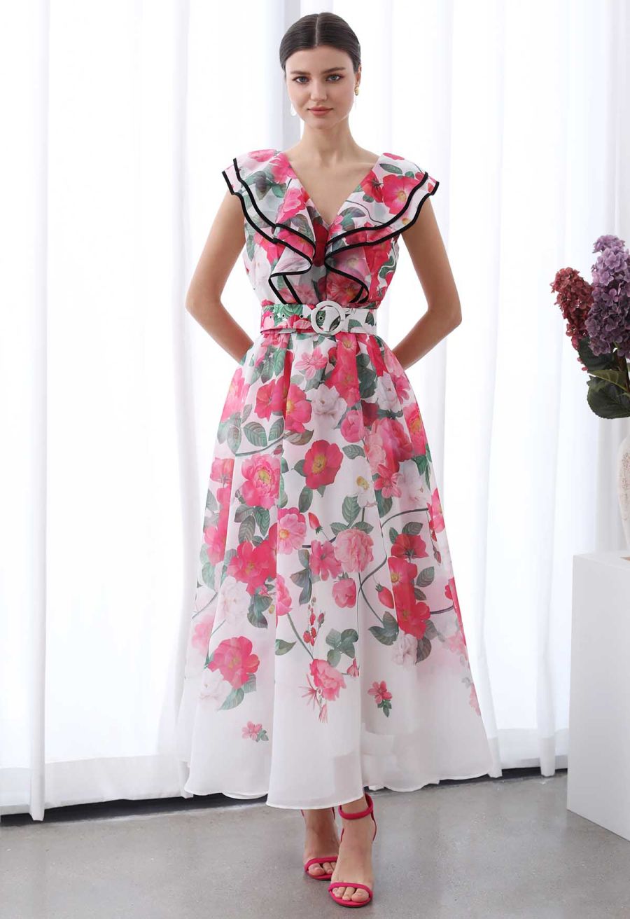 Blooming Floral Tiered Ruffle Belted Maxi Dress