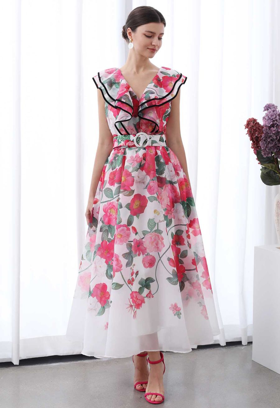 Blooming Floral Tiered Ruffle Belted Maxi Dress