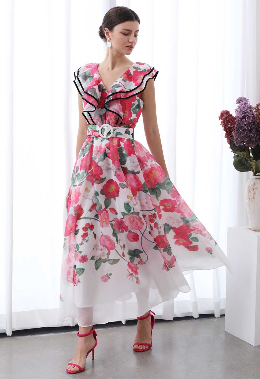 Blooming Floral Tiered Ruffle Belted Maxi Dress