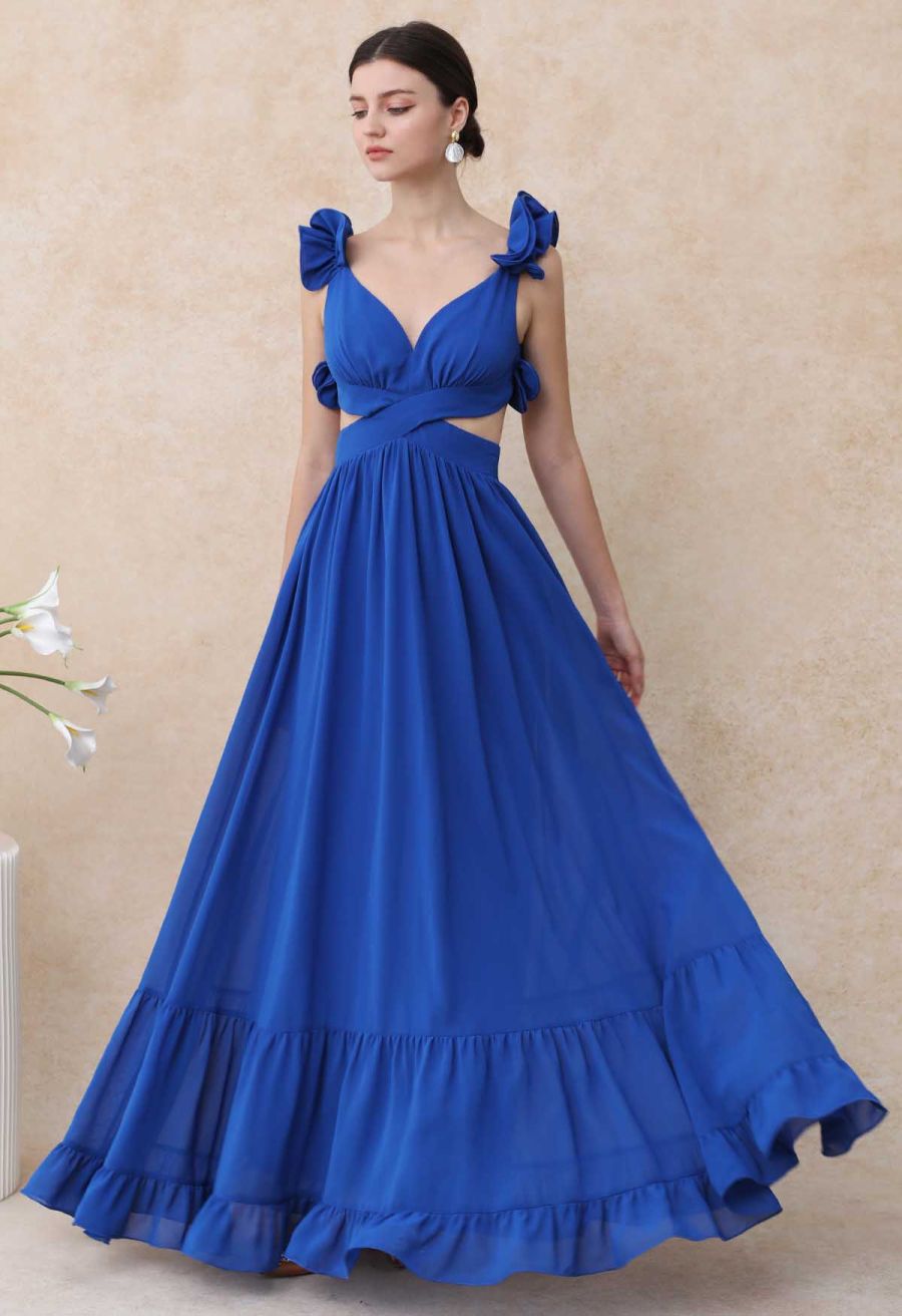 Lace-Up Back Ruffle Cut Out Chiffon Gown in Indigo