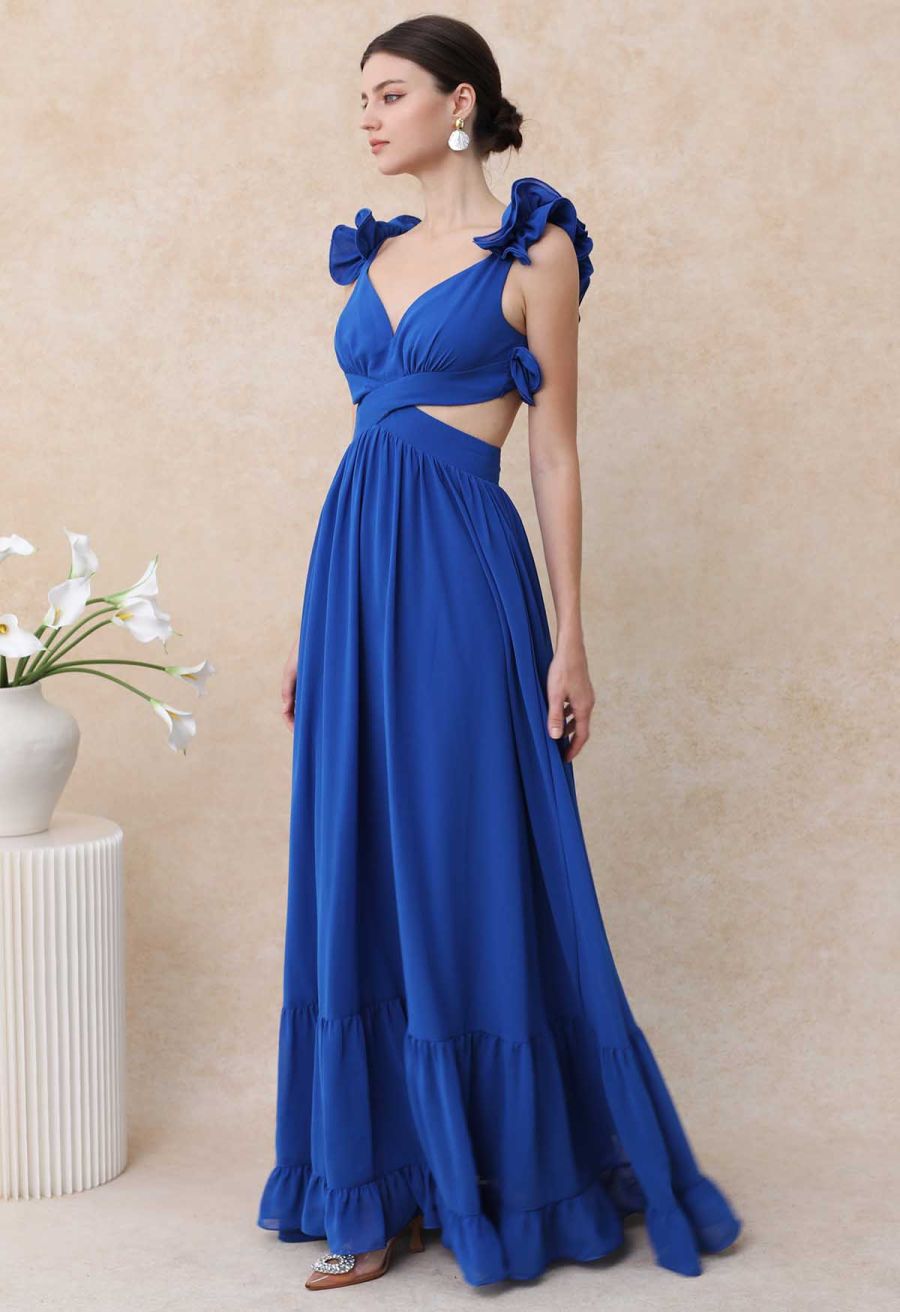 Lace-Up Back Ruffle Cut Out Chiffon Gown in Indigo
