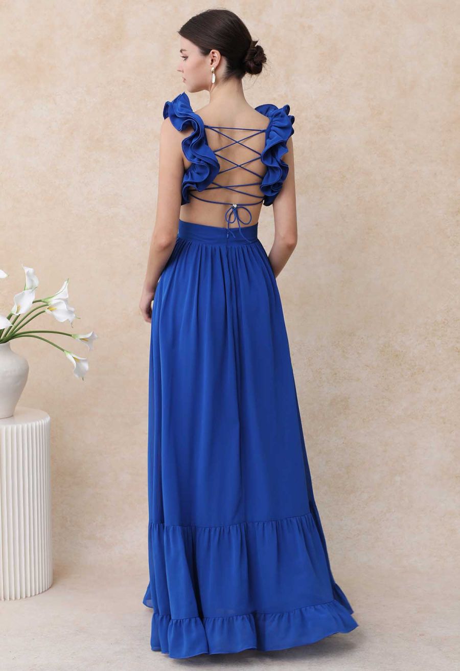 Lace-Up Back Ruffle Cut Out Chiffon Gown in Indigo