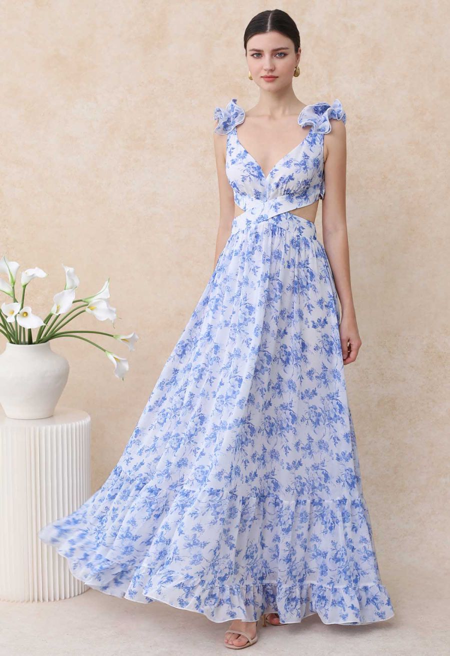 Floral Lace-Up Back Ruffle Cut Out Chiffon Gown