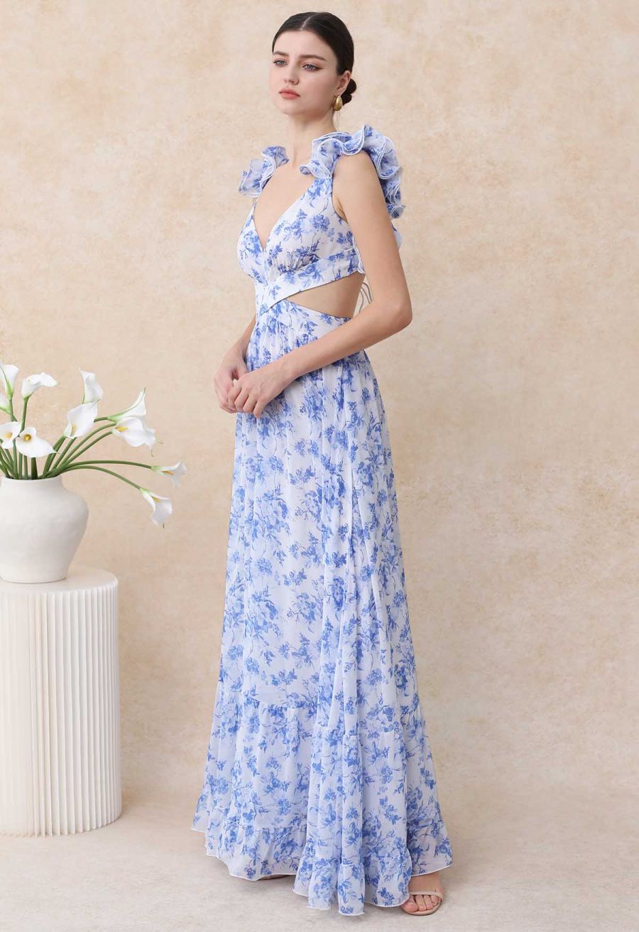Floral Lace-Up Back Ruffle Cut Out Chiffon Gown