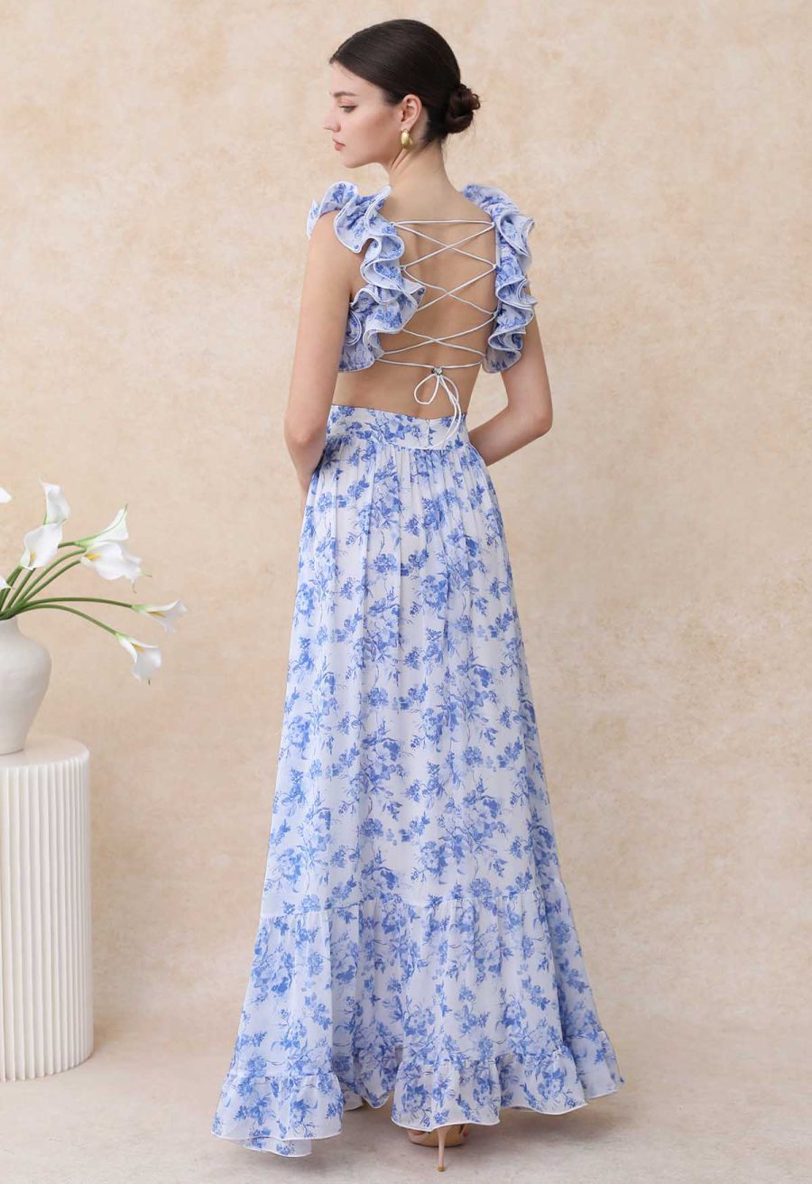 Floral Lace-Up Back Ruffle Cut Out Chiffon Gown