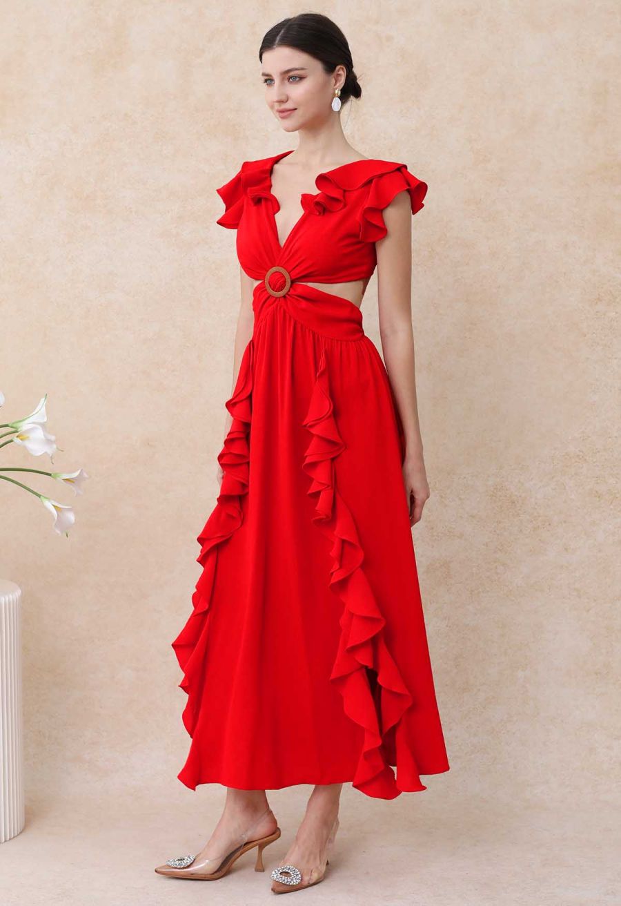 Cascade Ruffle O-Ring Tie-Back Maxi Dress in Red