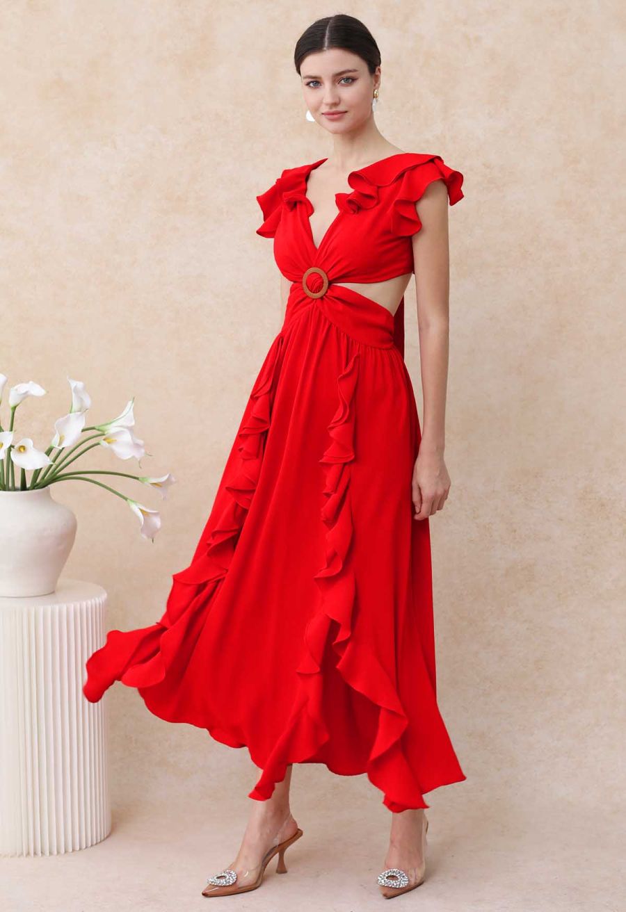 Cascade Ruffle O-Ring Tie-Back Maxi Dress in Red