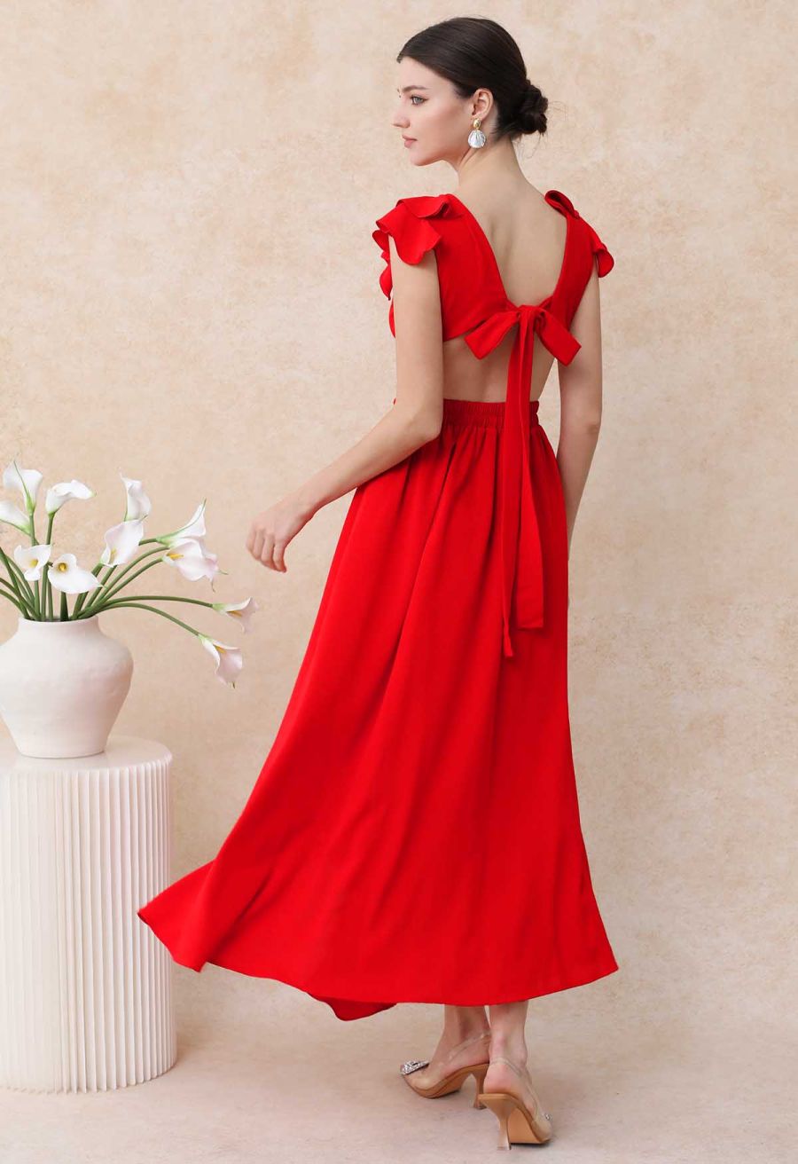 Cascade Ruffle O-Ring Tie-Back Maxi Dress in Red