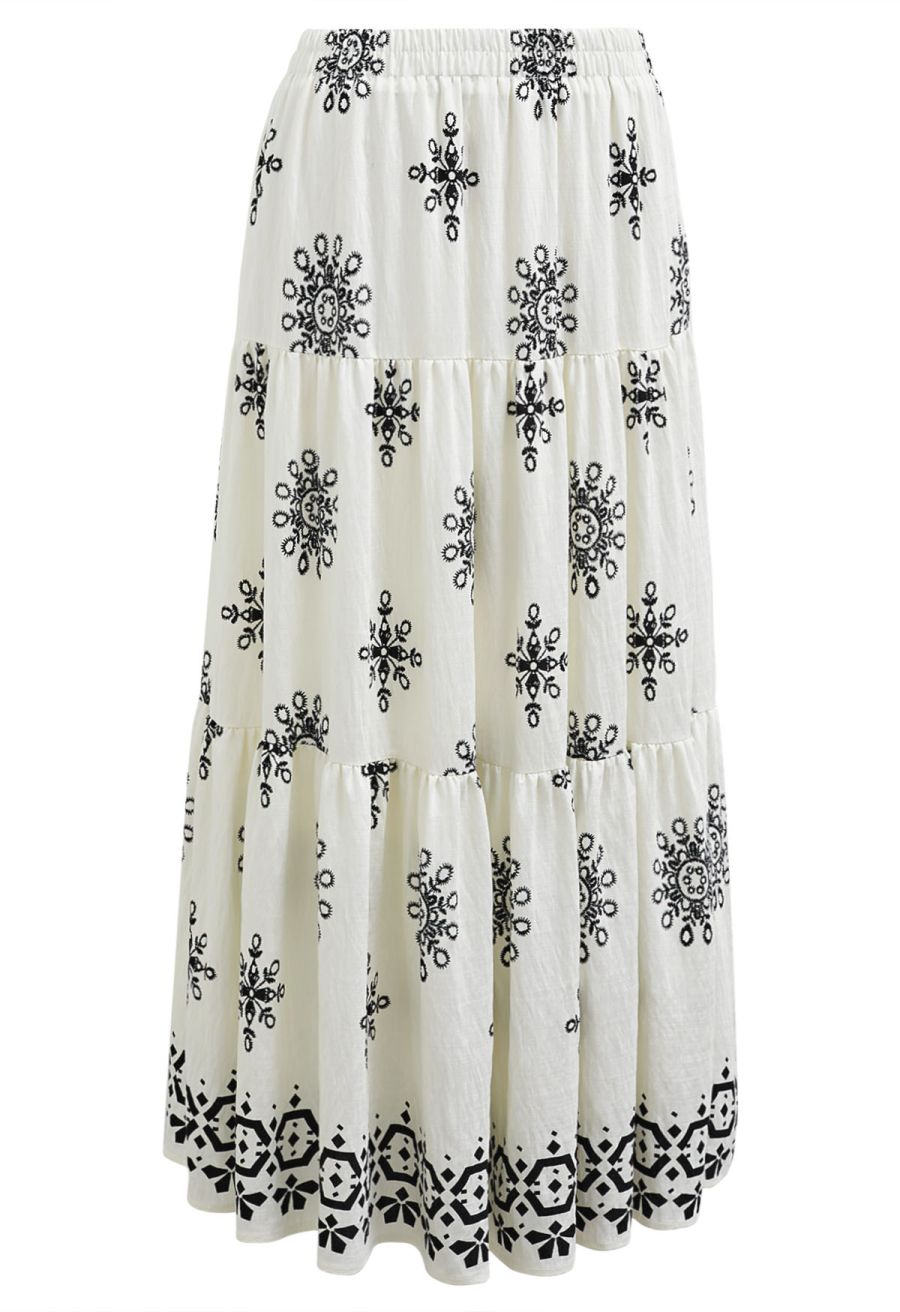 Boho Tile Motif Tiered Midi Skirt in Ivory