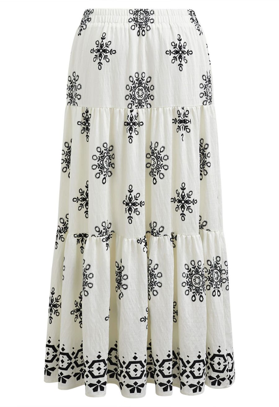 Boho Tile Motif Tiered Midi Skirt in Ivory