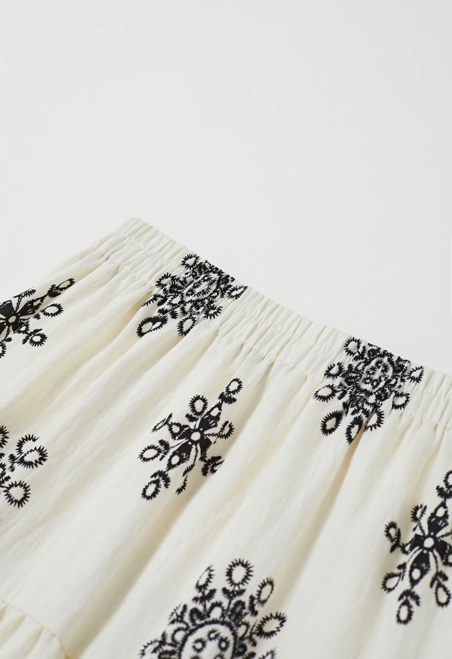 Boho Tile Motif Tiered Midi Skirt in Ivory
