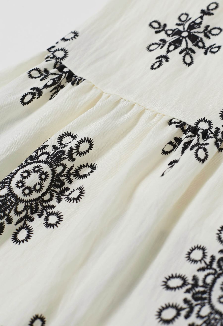 Boho Tile Motif Tiered Midi Skirt in Ivory
