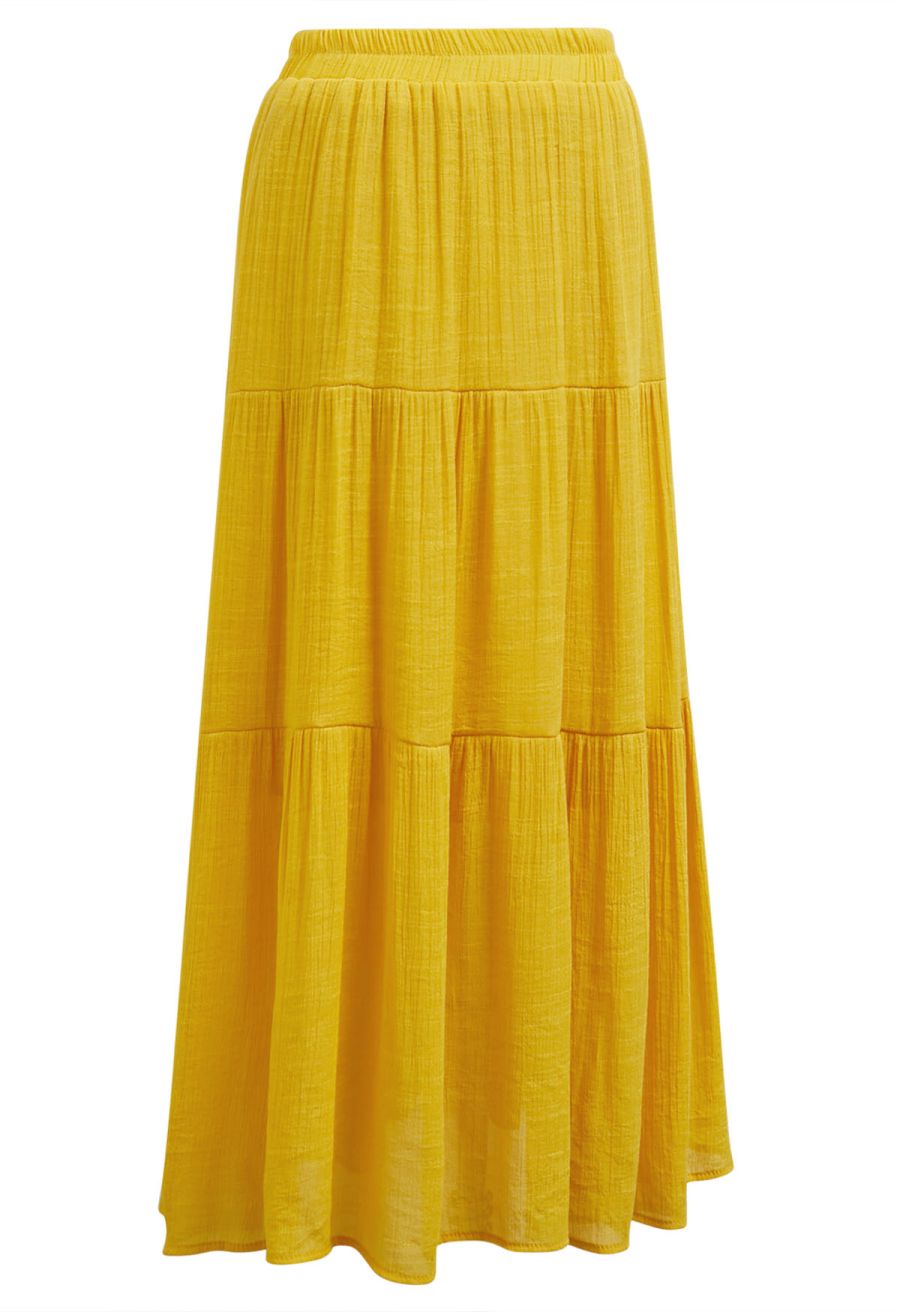 Crinkle Gathered Tiered Midi Skirt in Mustard