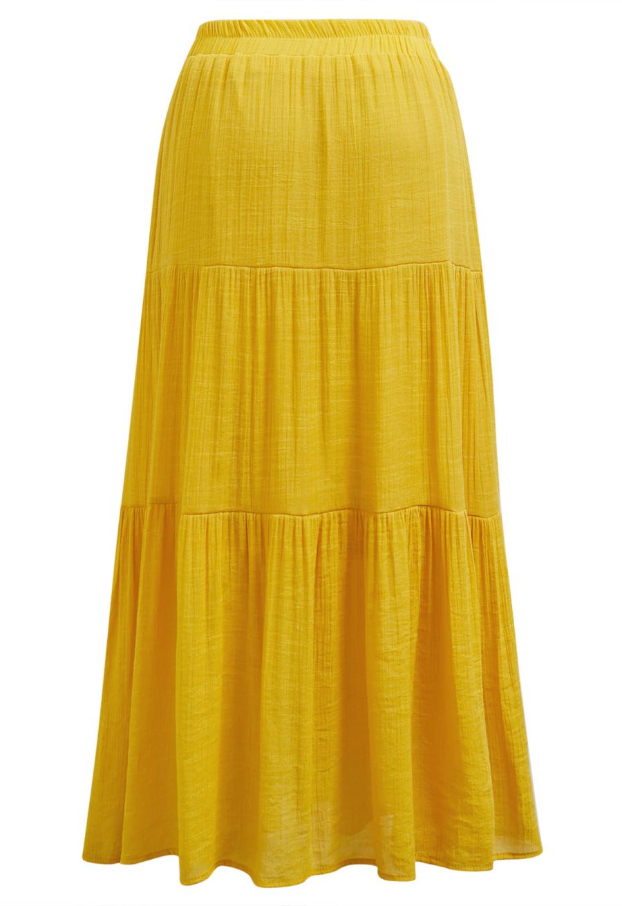 Crinkle Gathered Tiered Midi Skirt in Mustard
