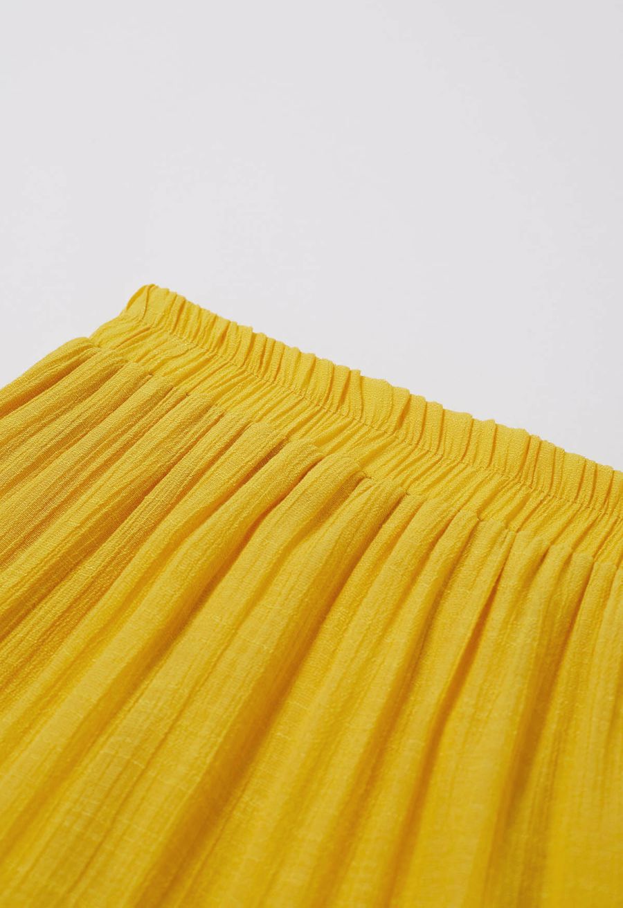 Crinkle Gathered Tiered Midi Skirt in Mustard
