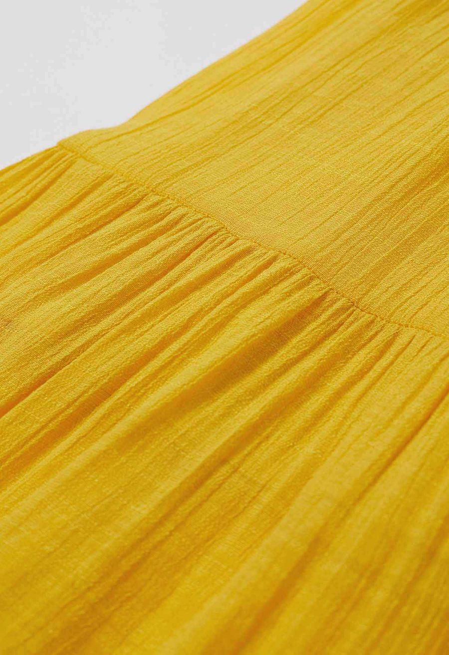 Crinkle Gathered Tiered Midi Skirt in Mustard