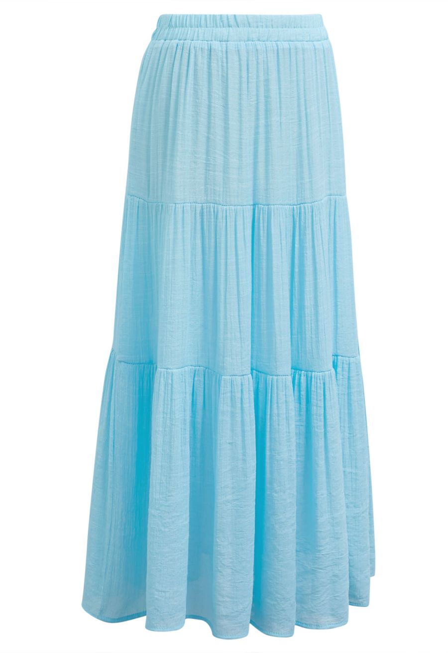 Crinkle Gathered Tiered Midi Skirt in Light Blue
