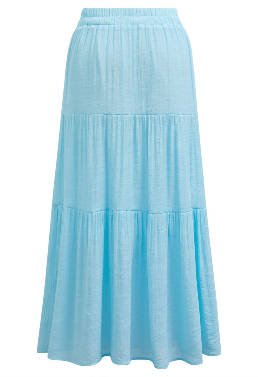 Crinkle Gathered Tiered Midi Skirt in Light Blue