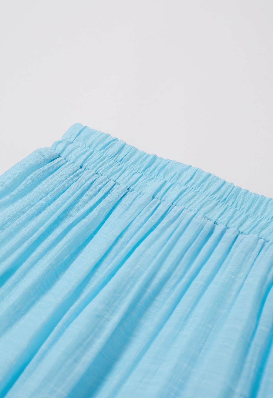 Crinkle Gathered Tiered Midi Skirt in Light Blue