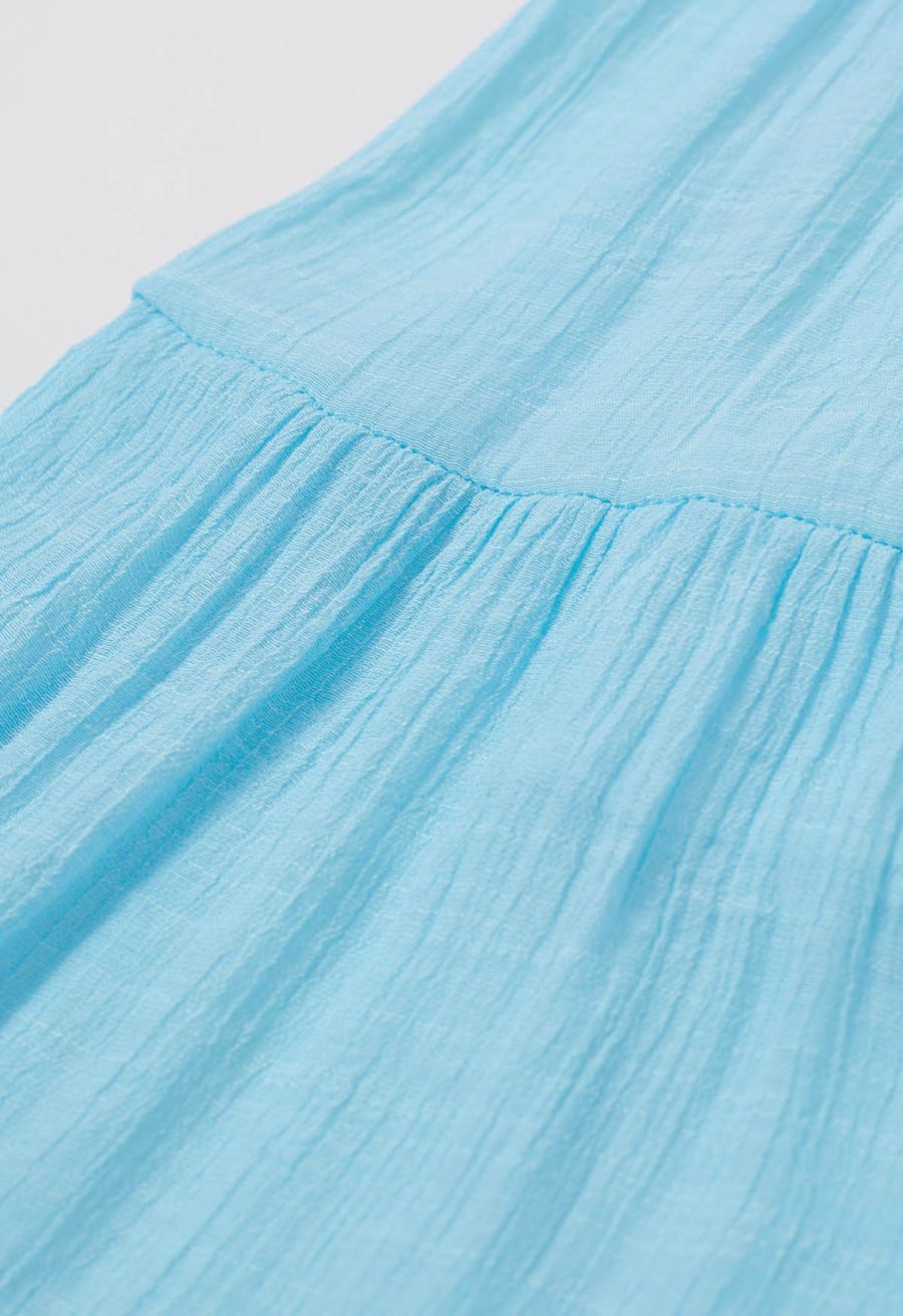 Crinkle Gathered Tiered Midi Skirt in Light Blue