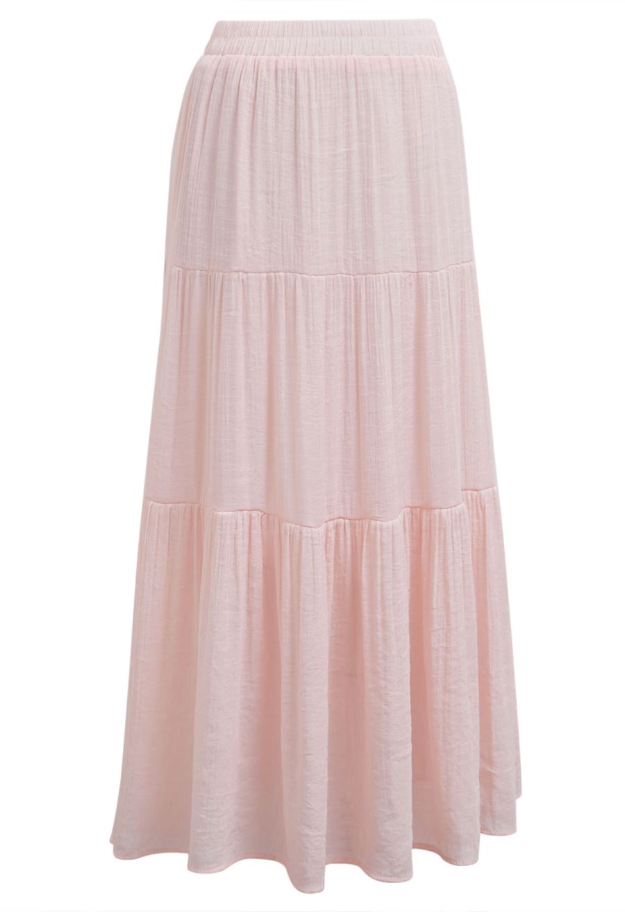Crinkle Gathered Tiered Midi Skirt in Light Pink