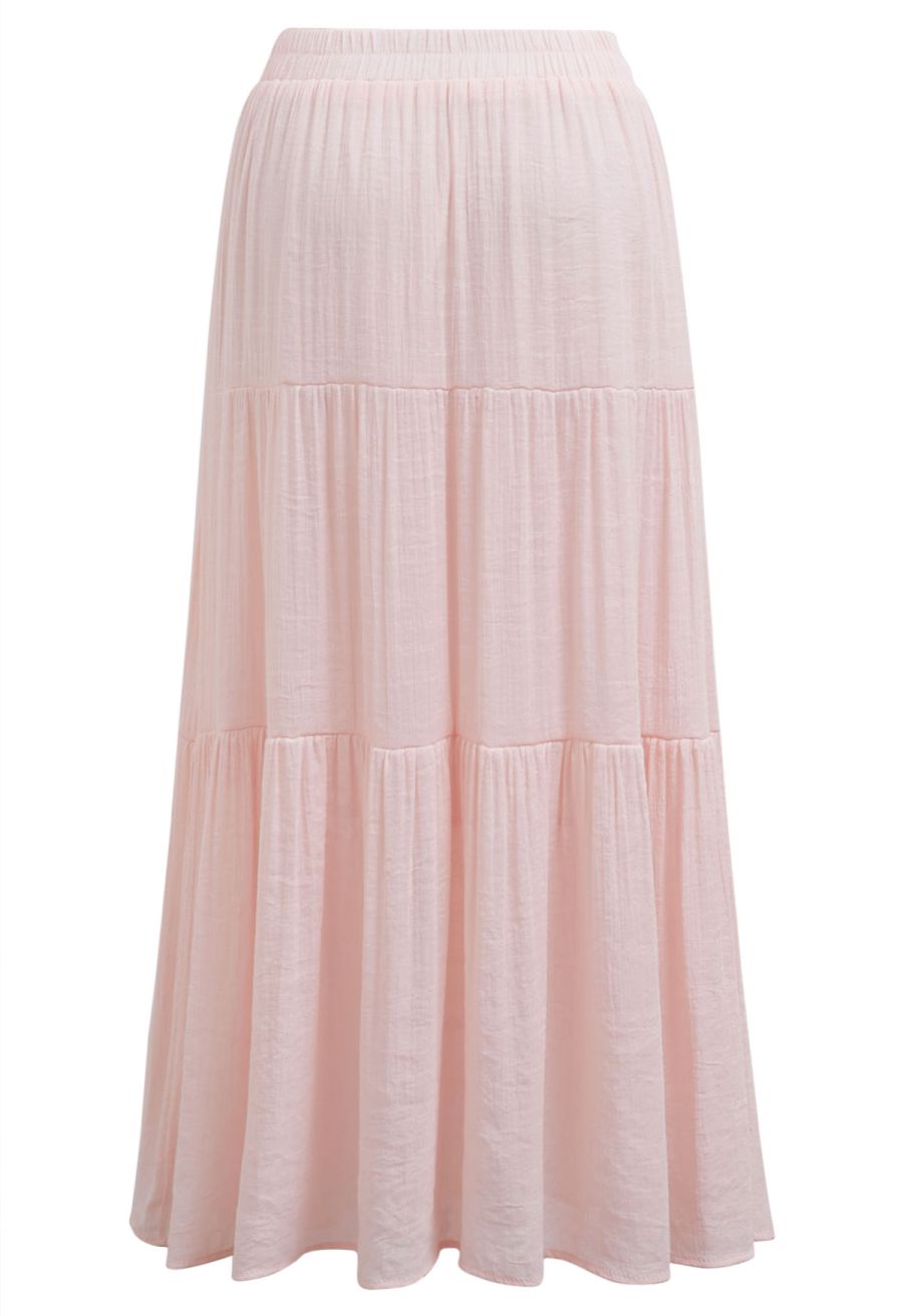 Crinkle Gathered Tiered Midi Skirt in Light Pink