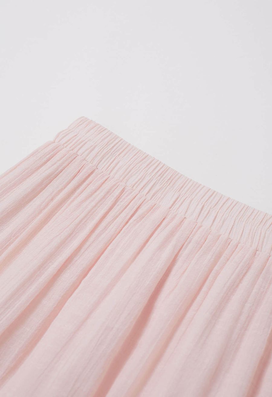 Crinkle Gathered Tiered Midi Skirt in Light Pink