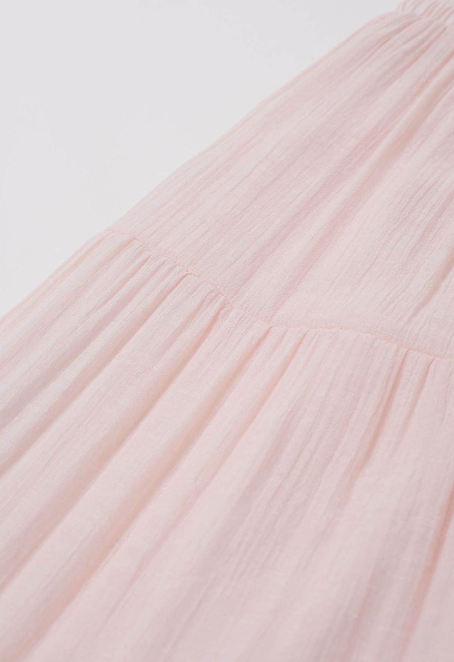 Crinkle Gathered Tiered Midi Skirt in Light Pink