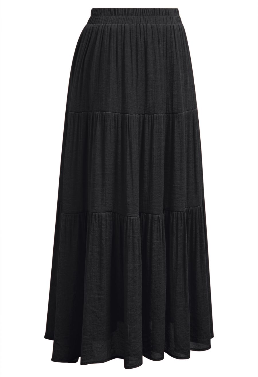 Crinkle Gathered Tiered Midi Skirt in Black
