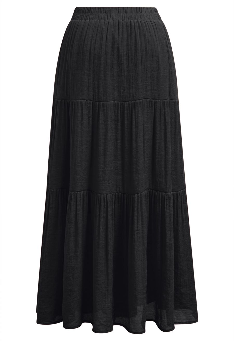 Crinkle Gathered Tiered Midi Skirt in Black