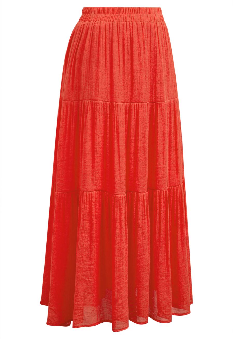 Crinkle Gathered Tiered Midi Skirt in Coral