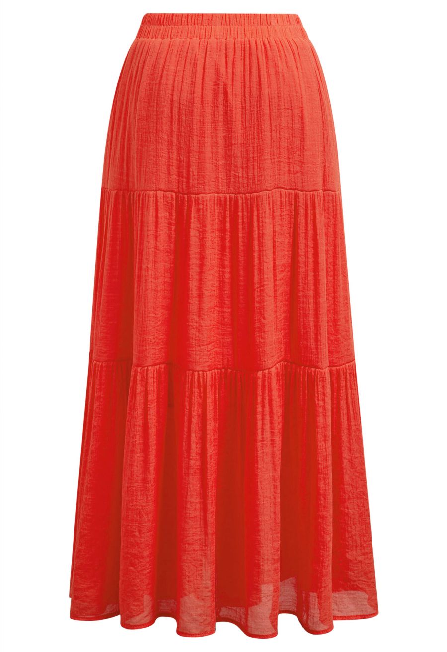 Crinkle Gathered Tiered Midi Skirt in Coral