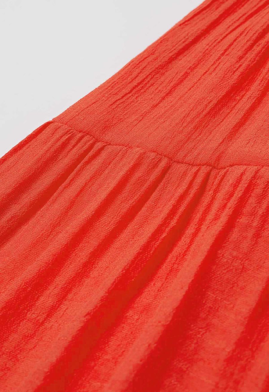 Crinkle Gathered Tiered Midi Skirt in Coral