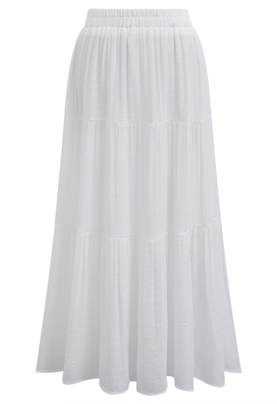Crinkle Gathered Tiered Midi Skirt in White