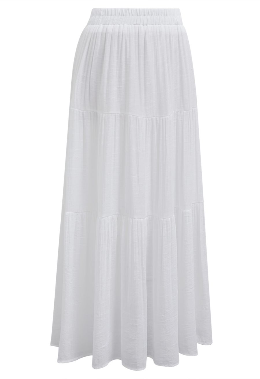 Crinkle Gathered Tiered Midi Skirt in White
