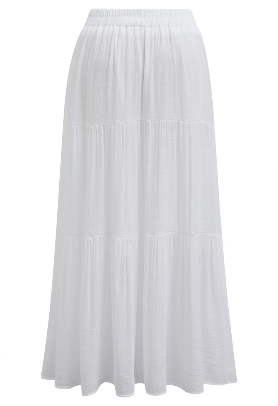 Crinkle Gathered Tiered Midi Skirt in White