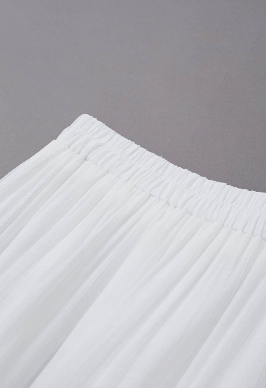 Crinkle Gathered Tiered Midi Skirt in White