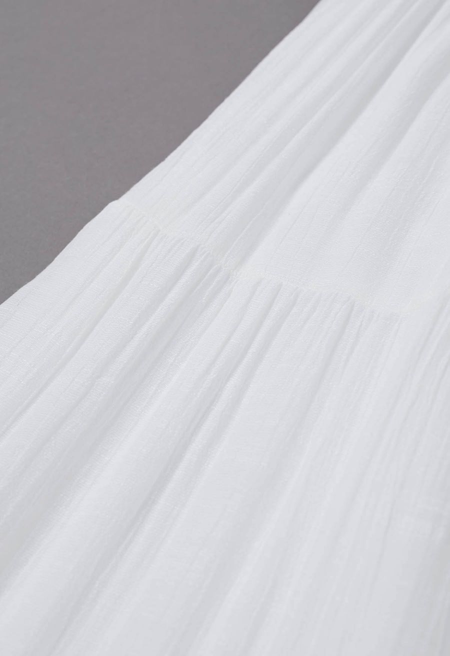 Crinkle Gathered Tiered Midi Skirt in White