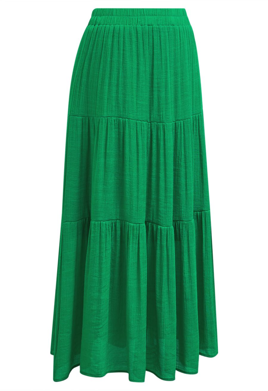 Crinkle Gathered Tiered Midi Skirt in Green
