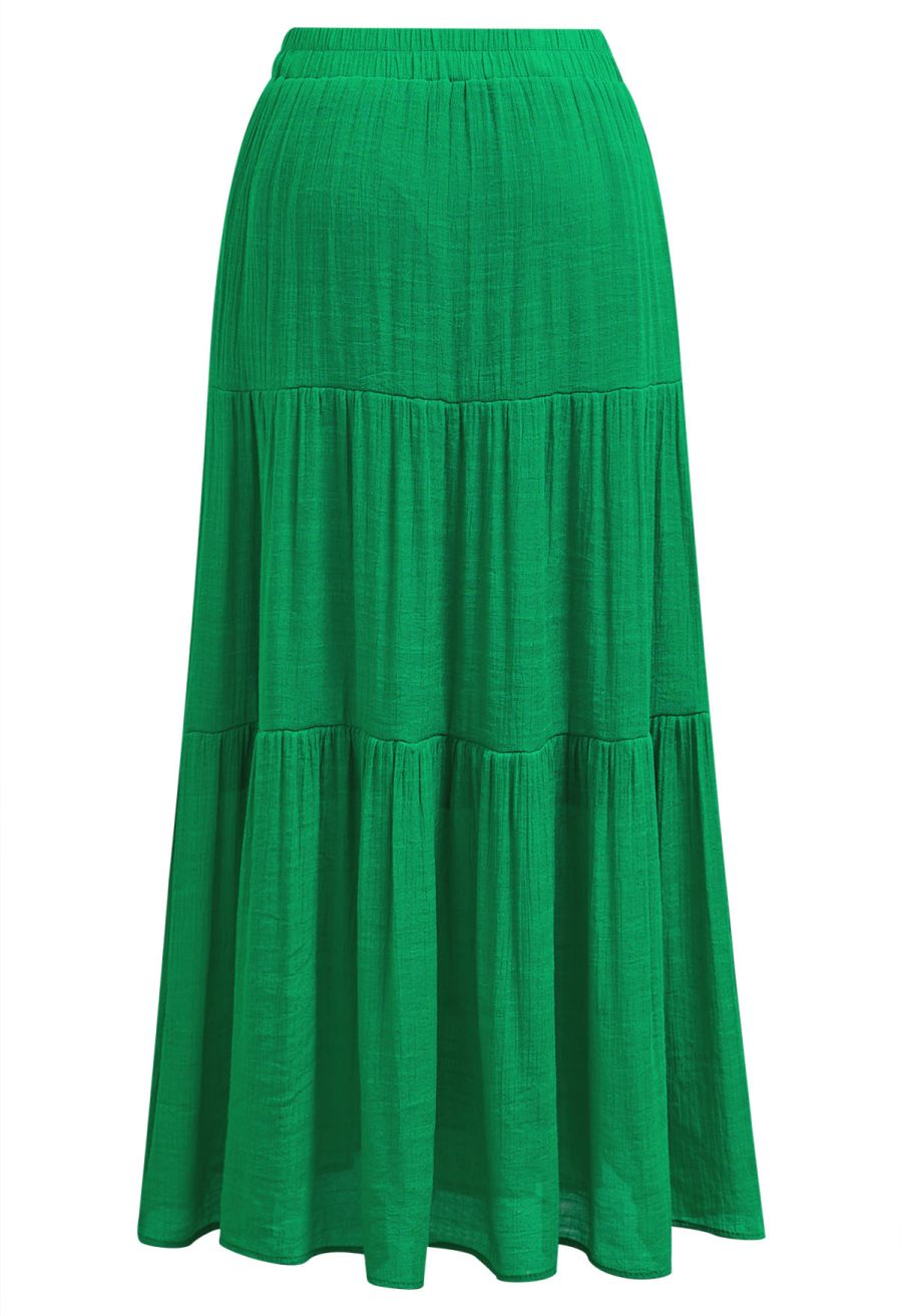 Crinkle Gathered Tiered Midi Skirt in Green