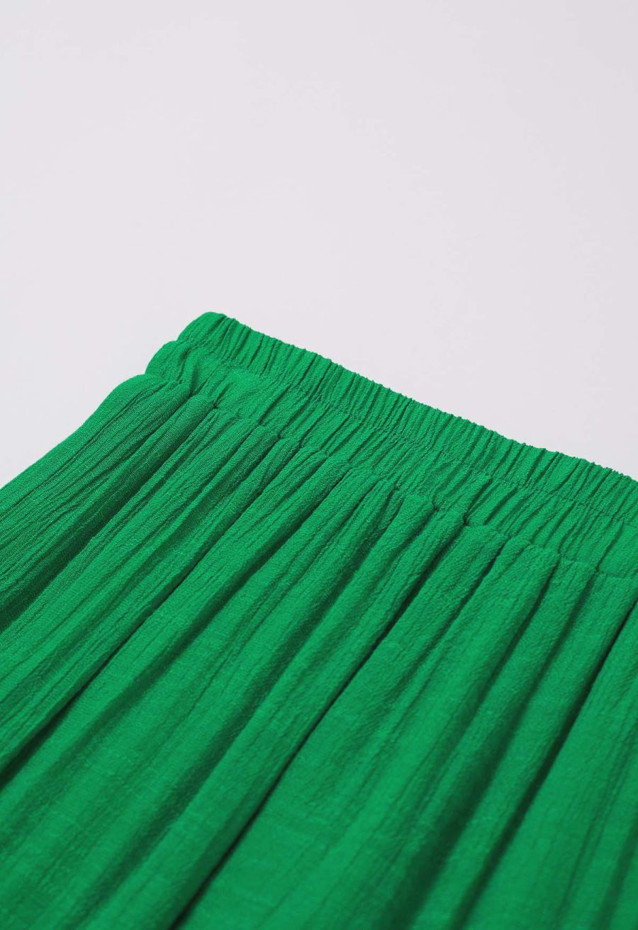 Crinkle Gathered Tiered Midi Skirt in Green